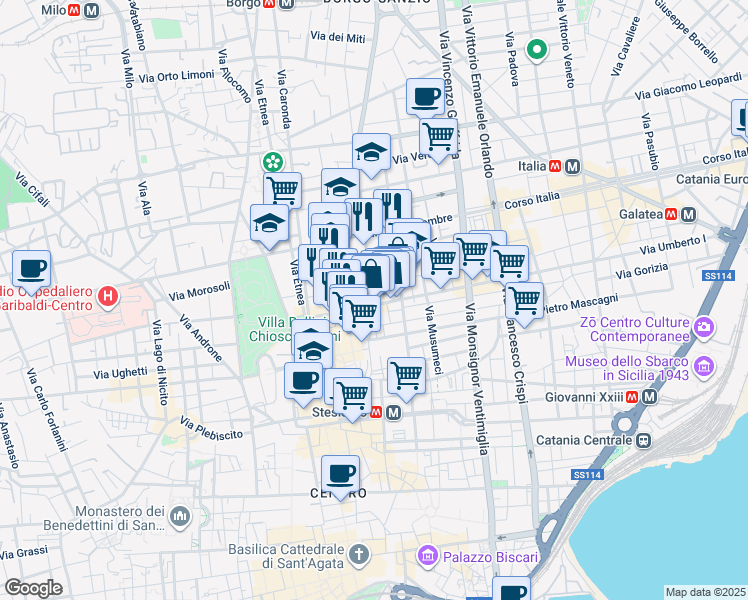 map of restaurants, bars, coffee shops, grocery stores, and more near 12 Via Conte Ruggero in Catania
