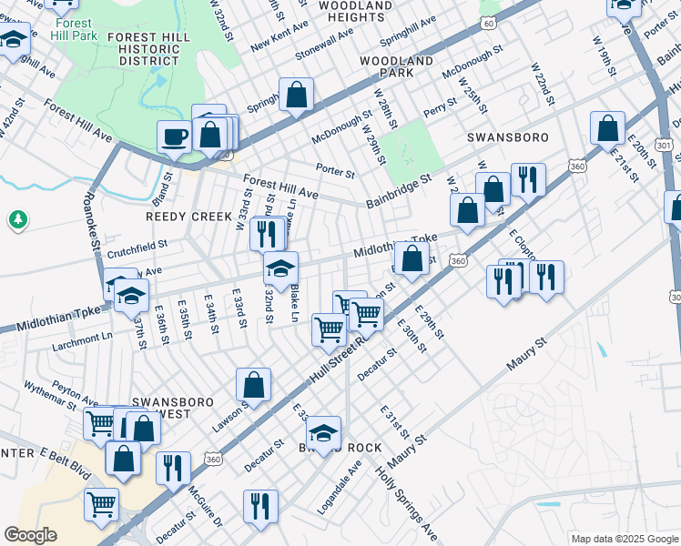 map of restaurants, bars, coffee shops, grocery stores, and more near 8 East Broad Rock Road in Richmond