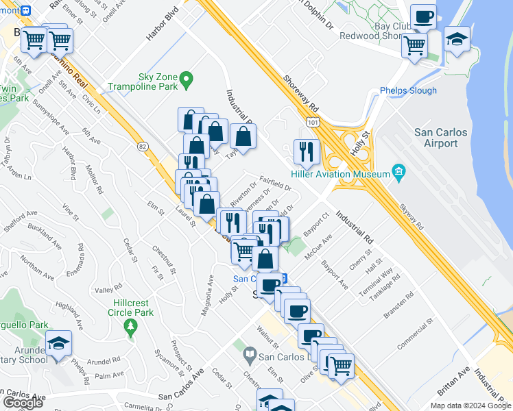 map of restaurants, bars, coffee shops, grocery stores, and more near 1027 Inverness Drive in San Carlos