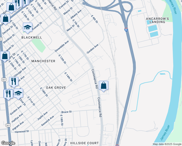 map of restaurants, bars, coffee shops, grocery stores, and more near 1100 Ingram Avenue in Richmond