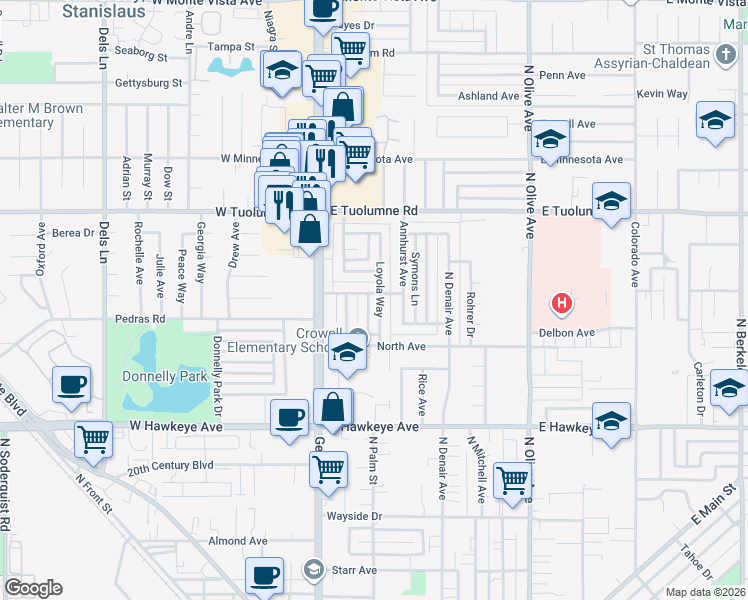 map of restaurants, bars, coffee shops, grocery stores, and more near 2000 Loyola Way in Turlock