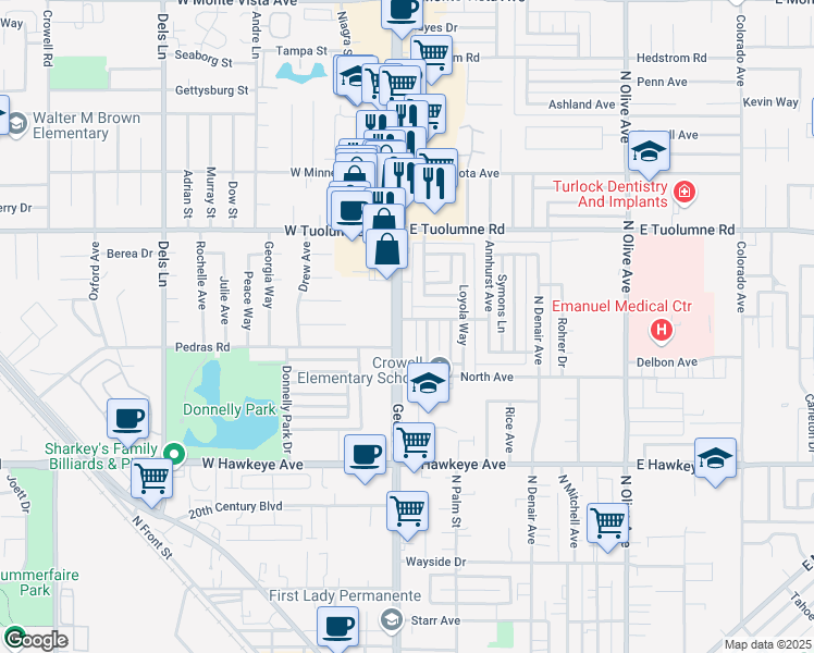 map of restaurants, bars, coffee shops, grocery stores, and more near 2101 Geer Road in Turlock