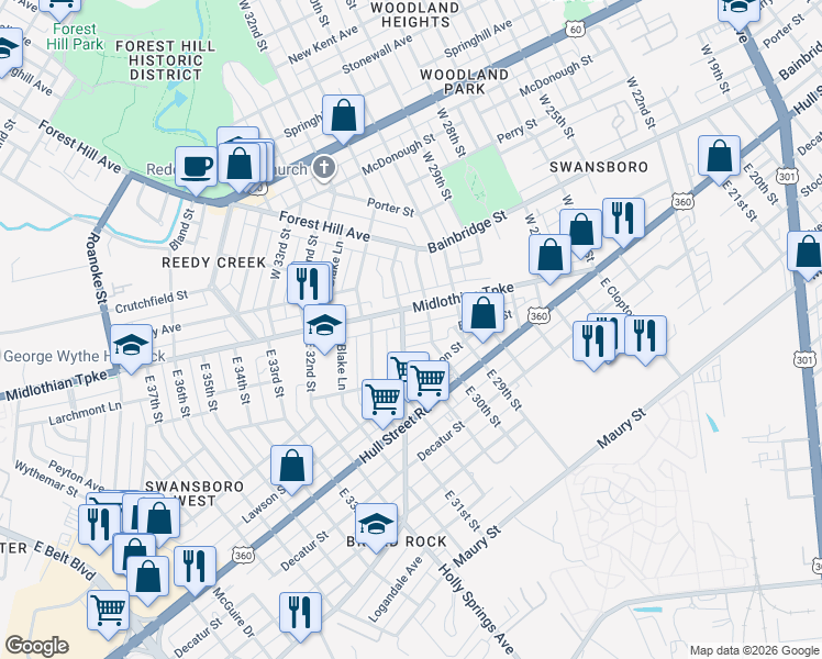 map of restaurants, bars, coffee shops, grocery stores, and more near 3008 Midlothian Turnpike in Richmond