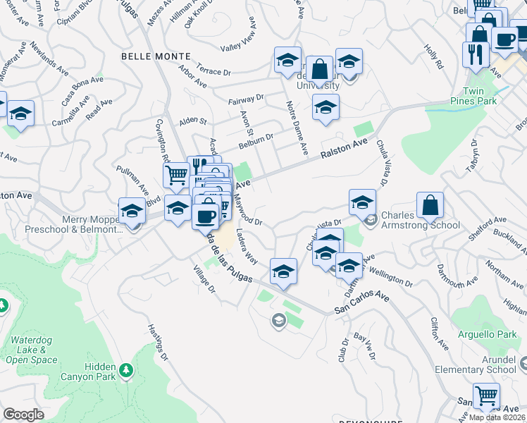 map of restaurants, bars, coffee shops, grocery stores, and more near 27 Kittie Lane in Belmont