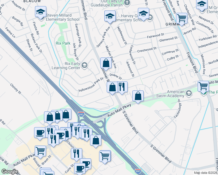 map of restaurants, bars, coffee shops, grocery stores, and more near 43387 Castle Park Court in Fremont