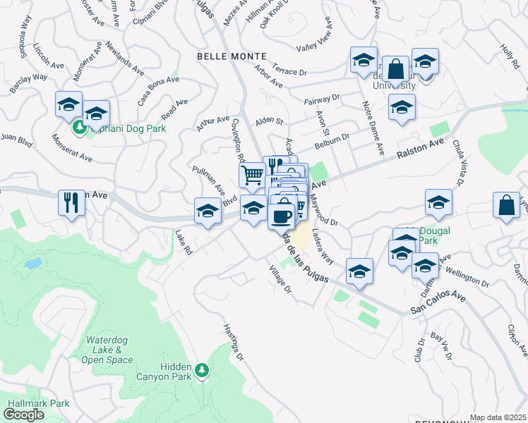 map of restaurants, bars, coffee shops, grocery stores, and more near 1010 Alameda de las Pulgas in Belmont
