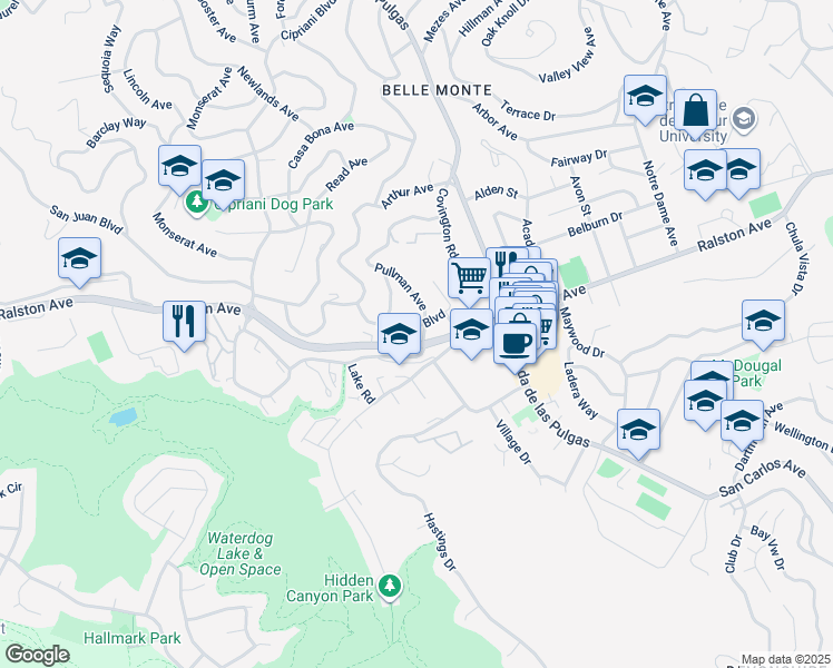 map of restaurants, bars, coffee shops, grocery stores, and more near 2614 Coronet Boulevard in Belmont