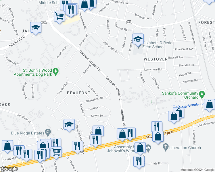 map of restaurants, bars, coffee shops, grocery stores, and more near 6015 Seaman Road in Richmond