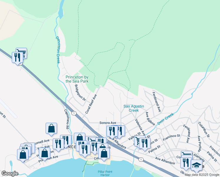 map of restaurants, bars, coffee shops, grocery stores, and more near 450 Sevilla Avenue in El Granada