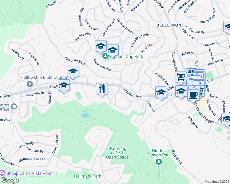 map of restaurants, bars, coffee shops, grocery stores, and more near 30 Arroyo View Circle in Belmont