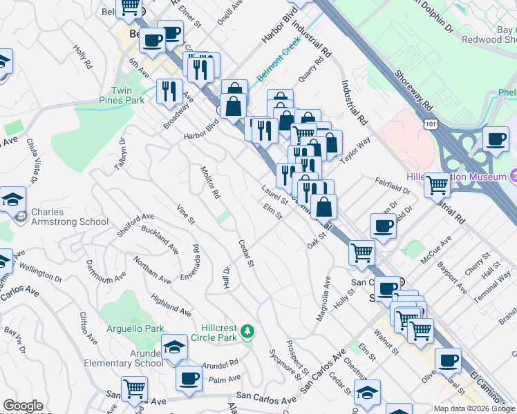 map of restaurants, bars, coffee shops, grocery stores, and more near 18 Elm Street in San Carlos