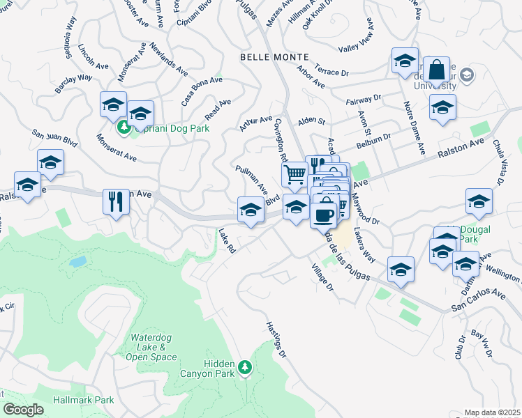 map of restaurants, bars, coffee shops, grocery stores, and more near 2614 Coronet Boulevard in Belmont