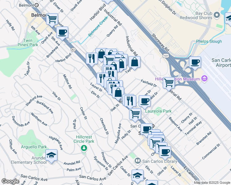 map of restaurants, bars, coffee shops, grocery stores, and more near 251 El Camino Real in San Carlos