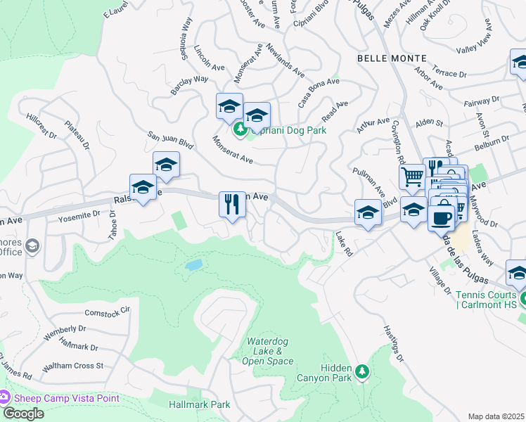 map of restaurants, bars, coffee shops, grocery stores, and more near 30 Arroyo View Circle in Belmont