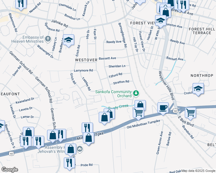 map of restaurants, bars, coffee shops, grocery stores, and more near 418 Byswick Lane in Richmond