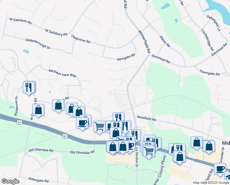 map of restaurants, bars, coffee shops, grocery stores, and more near 14434 Michaux Springs Drive in Midlothian