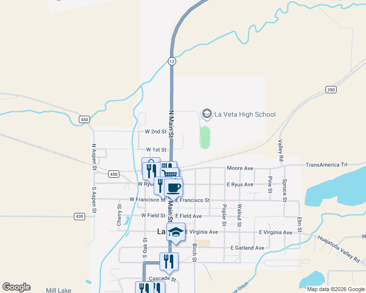 map of restaurants, bars, coffee shops, grocery stores, and more near Pinkerton Road in La Veta