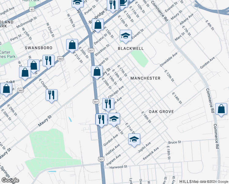 map of restaurants, bars, coffee shops, grocery stores, and more near 1917 Chicago Avenue in Richmond