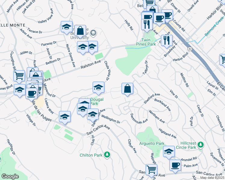 map of restaurants, bars, coffee shops, grocery stores, and more near 1500 Solana Drive in Belmont