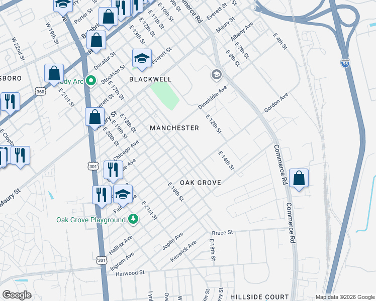 map of restaurants, bars, coffee shops, grocery stores, and more near 1003 East 15th Street in Richmond