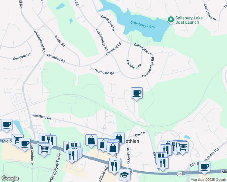 map of restaurants, bars, coffee shops, grocery stores, and more near 1705 Danhurst Drive in Midlothian