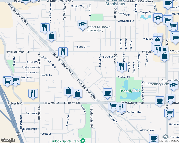 map of restaurants, bars, coffee shops, grocery stores, and more near 1158 Kay Circle in Turlock