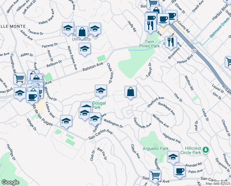map of restaurants, bars, coffee shops, grocery stores, and more near 1500 Solana Drive in Belmont