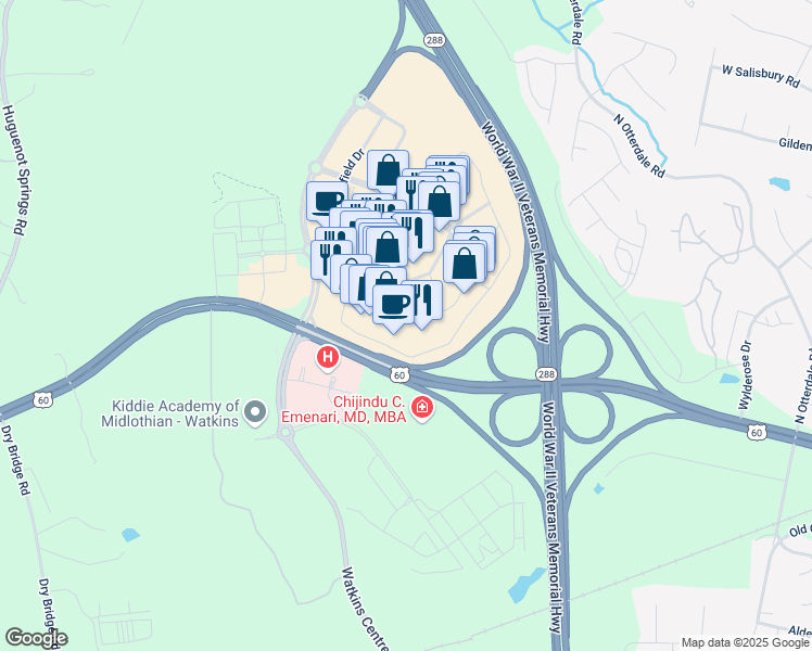 map of restaurants, bars, coffee shops, grocery stores, and more near 201 Perimeter Drive in Midlothian