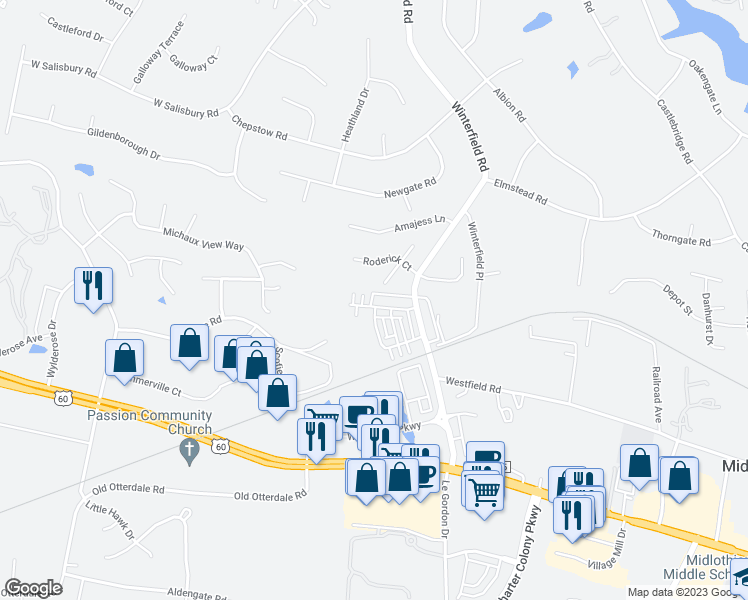 map of restaurants, bars, coffee shops, grocery stores, and more near 14434 Michaux Springs Drive in Midlothian