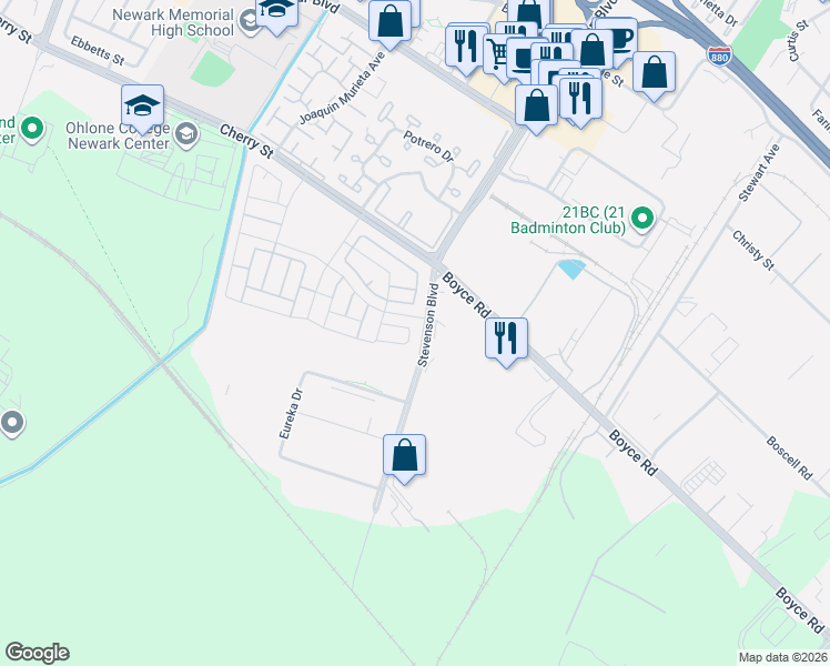 map of restaurants, bars, coffee shops, grocery stores, and more near 39906 Waxwing Drive in Newark
