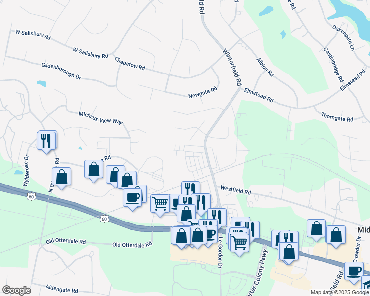 map of restaurants, bars, coffee shops, grocery stores, and more near 14379 Michaux Village Drive in Midlothian