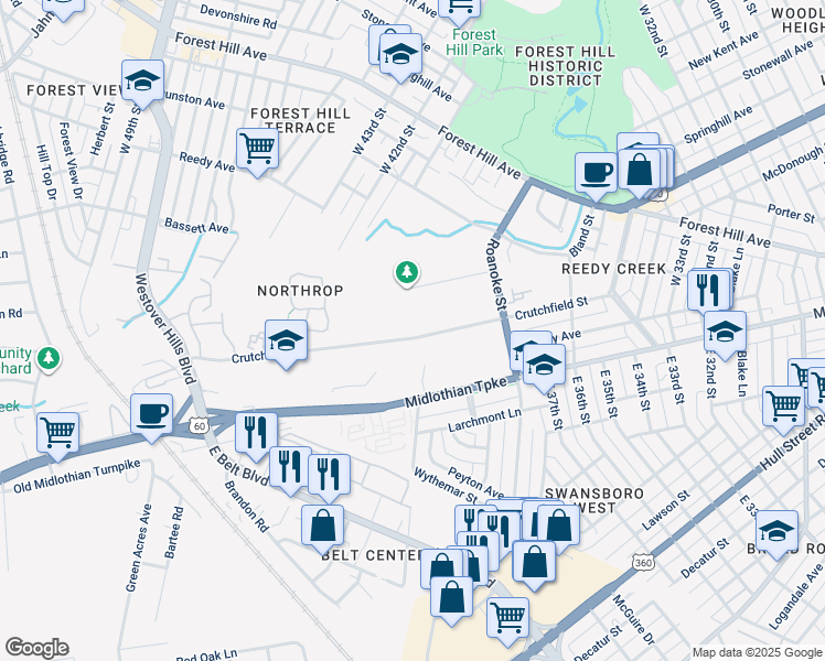 map of restaurants, bars, coffee shops, grocery stores, and more near 4037 Crutchfield Street in Richmond