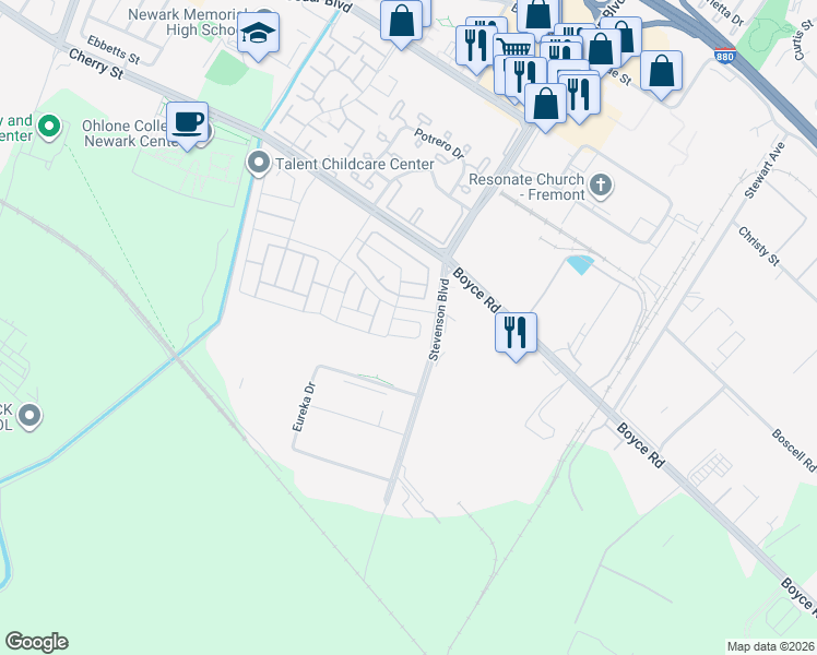 map of restaurants, bars, coffee shops, grocery stores, and more near 39855 Waxwing Drive in Newark