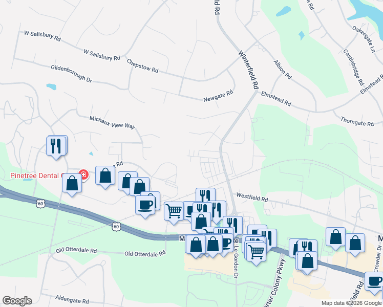 map of restaurants, bars, coffee shops, grocery stores, and more near 1701 Ethelred Court in Midlothian