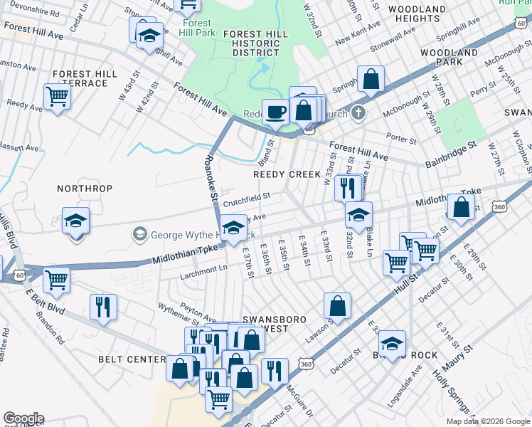 map of restaurants, bars, coffee shops, grocery stores, and more near 3519 Moody Ave in Richmond