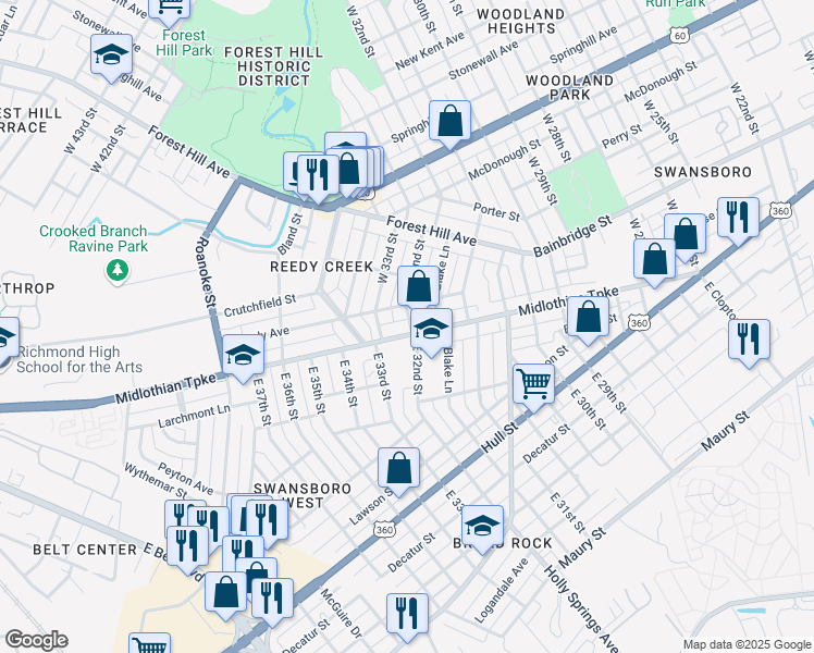 map of restaurants, bars, coffee shops, grocery stores, and more near 3201 Midlothian Turnpike in Richmond