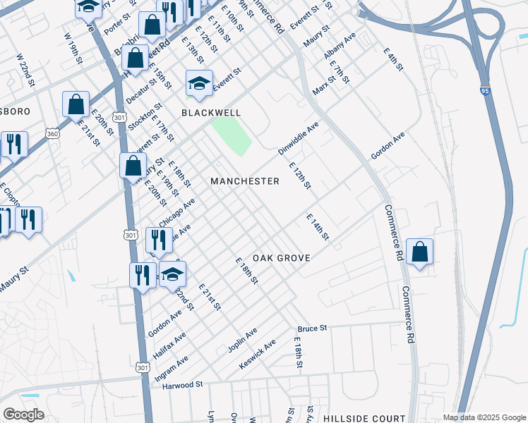 map of restaurants, bars, coffee shops, grocery stores, and more near 1003 East 15th Street in Richmond