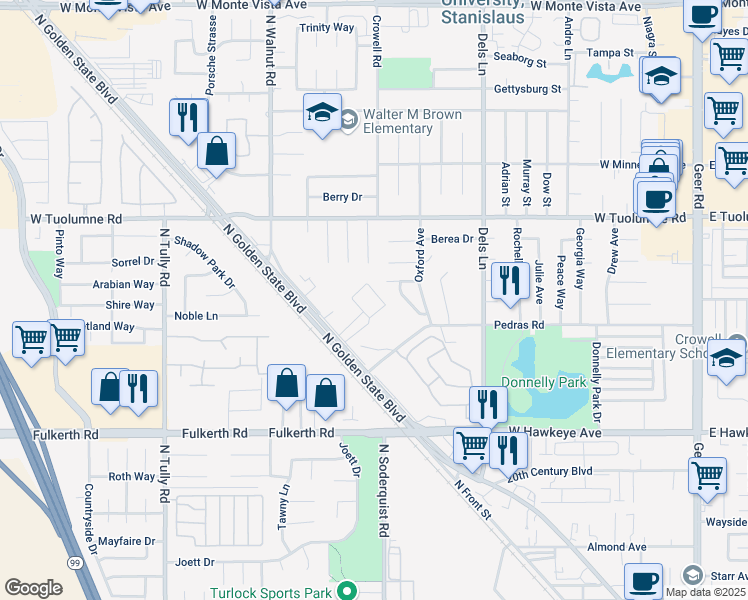 map of restaurants, bars, coffee shops, grocery stores, and more near 1158 Kay Circle in Turlock