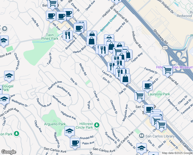 map of restaurants, bars, coffee shops, grocery stores, and more near 18 Elm Street in San Carlos