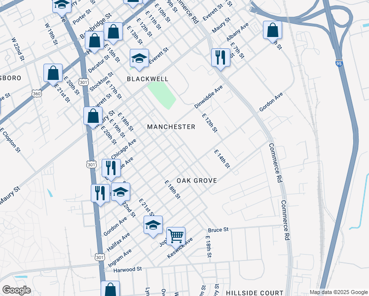 map of restaurants, bars, coffee shops, grocery stores, and more near 1003 East 15th Street in Richmond