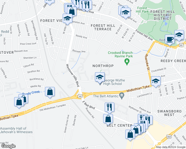 map of restaurants, bars, coffee shops, grocery stores, and more near 4325 Crutchfield St in Richmond