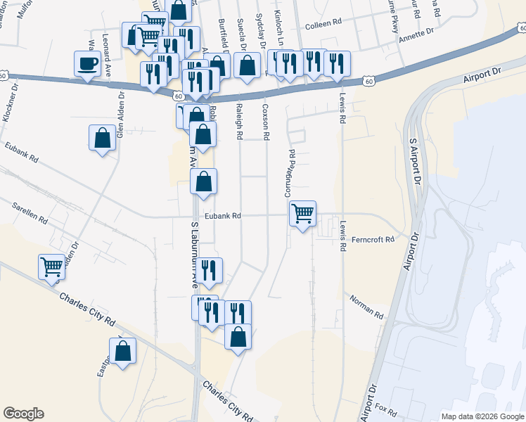 map of restaurants, bars, coffee shops, grocery stores, and more near 5312 Coxson Road in Richmond