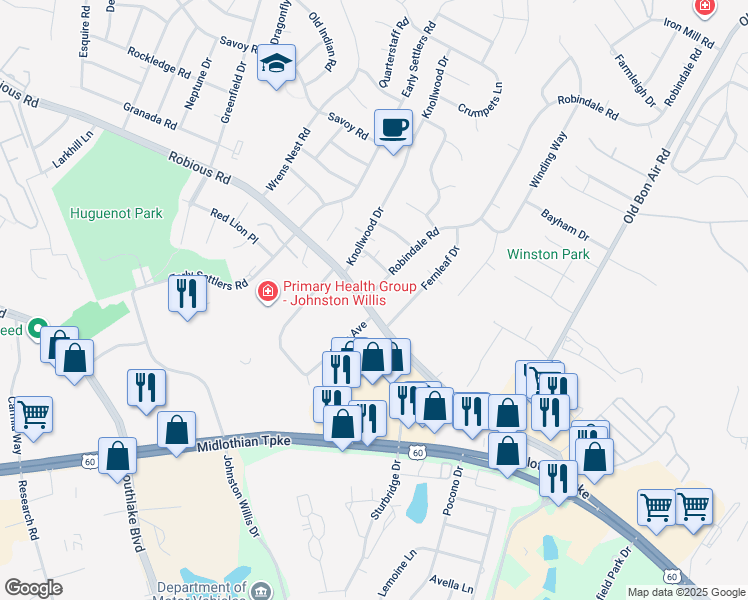 map of restaurants, bars, coffee shops, grocery stores, and more near 10308 Robious Road in Bon Air