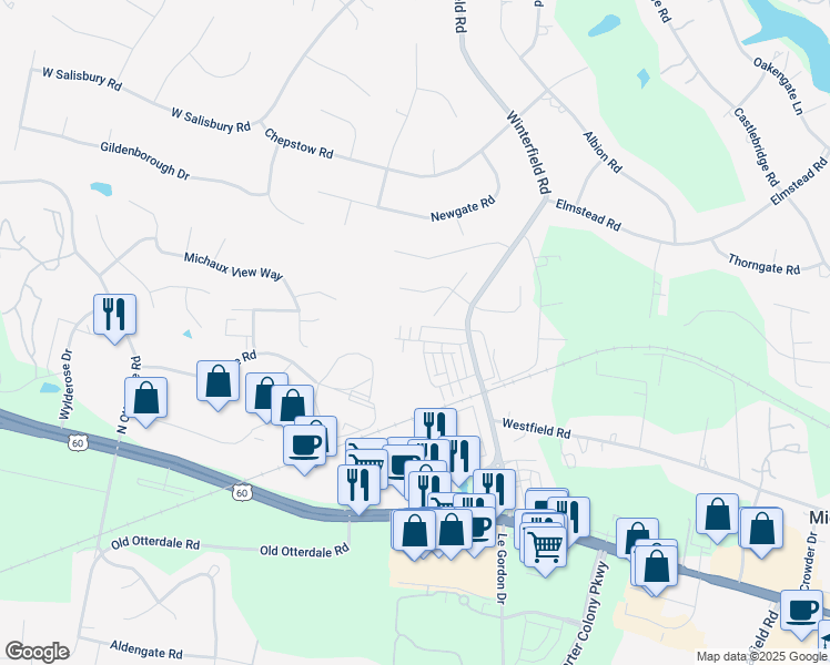 map of restaurants, bars, coffee shops, grocery stores, and more near 14500 Michaux Springs Drive in Midlothian