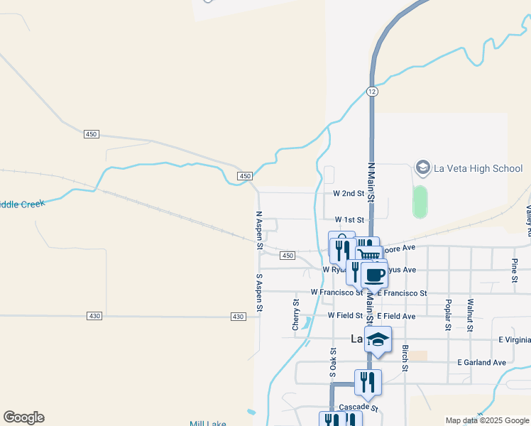 map of restaurants, bars, coffee shops, grocery stores, and more near 342 West 1st Street in La Veta