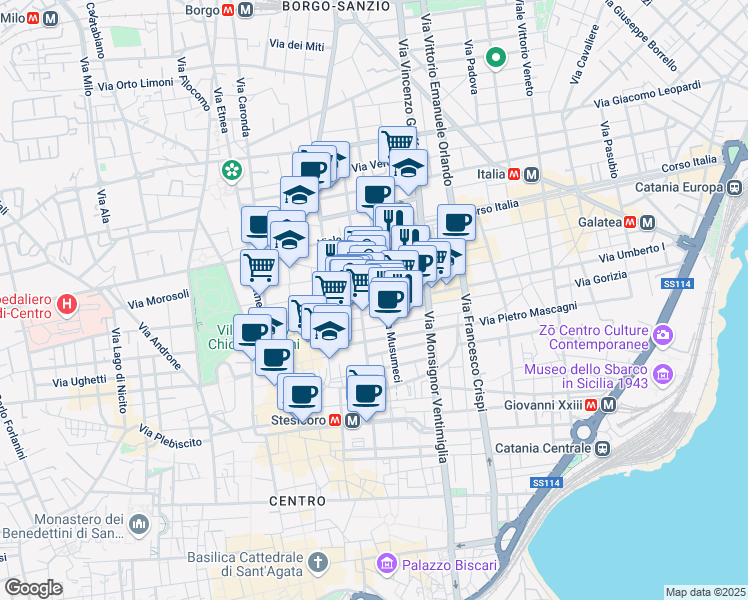 map of restaurants, bars, coffee shops, grocery stores, and more near 6 Via Fiamingo in Catania