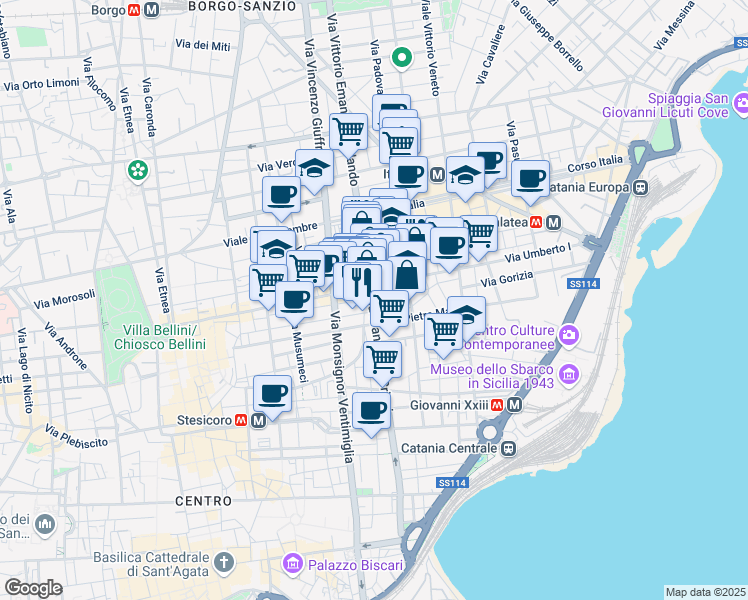 map of restaurants, bars, coffee shops, grocery stores, and more near 114 Via Camillo Finocchiaro Aprile in Catania