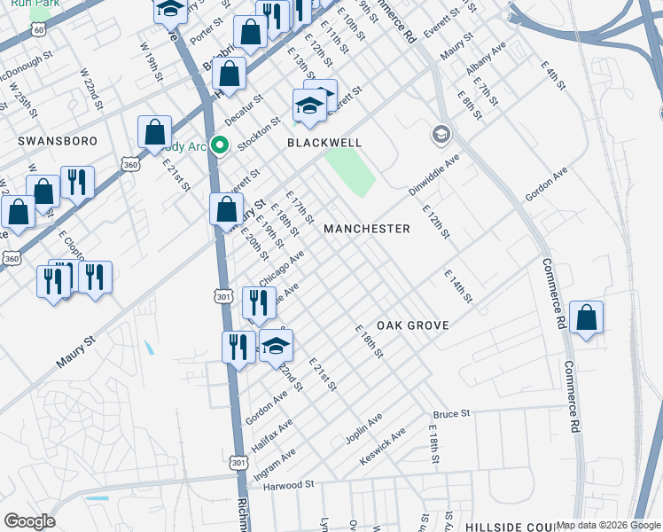 map of restaurants, bars, coffee shops, grocery stores, and more near 1700 Dinwiddie Avenue in Richmond