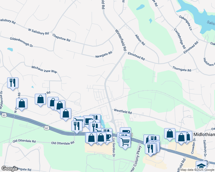 map of restaurants, bars, coffee shops, grocery stores, and more near 1418 Winterfield Road in Midlothian