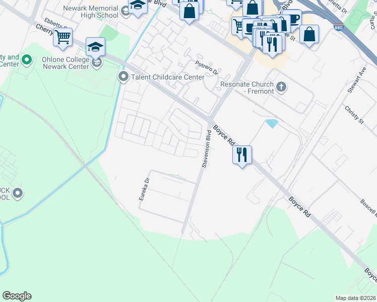 map of restaurants, bars, coffee shops, grocery stores, and more near 39855 Waxwing Drive in Newark